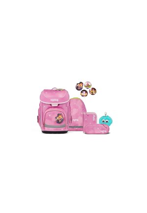 Pink kids' ergonomic school backpack set with star patterns, including bag, pencil case, drawstring bag, keychain, and themed badge buttons.