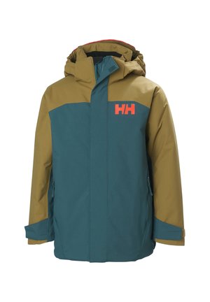 Waterdichte jas met een teal en olijf design, voorzien van een capuchon, ritssluiting en oranje logo op de borst. Glad, duurzaam materiaal.