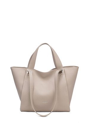 Borsa tote in pelle beige con texture, dotata di due manici corti e due tracolle lunghe, con dettagli in metallo argentato.