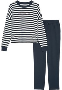 Marineblauwe en witte gestreepte langarmtop met logo en bijpassende marineblauwe broek met elastische tailleband en trekkoord. Zacht materiaal, comfortabele pasvorm.