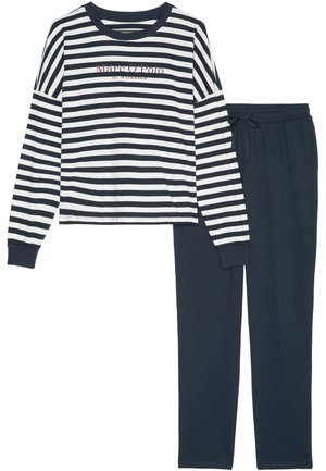 Marineblauwe en witte gestreepte langarmtop met logo en bijpassende marineblauwe broek met elastische tailleband en trekkoord. Zacht materiaal, comfortabele pasvorm.