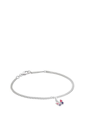 Silver chain bracelet with lobster clasp and small butterfly charm featuring pink and purple enamel accents.