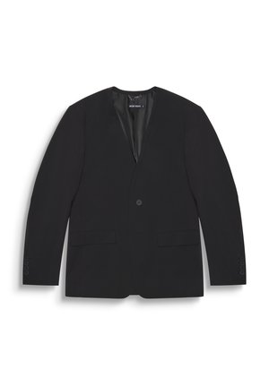 Schwarzes Blazer mit Reverskragen, Ein-Knopf-Verschluss, zwei Fronttaschen und Manschetten mit vier Knöpfen. Glattes Material und taillierte Passform.