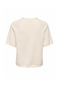 Pull en maille à manches courtes de couleur crème avec un col rond, présenté à plat de dos, montrant une texture simple et lisse.