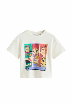 Fehér rövid ujjú póló színes rajzfilmfigurákkal: Buzz Lightyear, Jessie és Woody, illetve a "game CHANGERS" szöveggel az elején.
