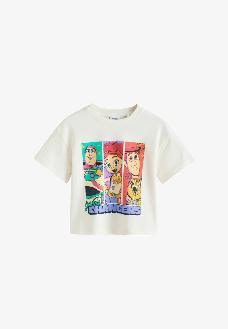 Valge lühikeste varrukatega T-särk, millel on värvikad multifilmitegelased Buzz Lightyear, Jessie ja Woody ning eespool tekst "game CHANGERS".