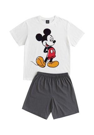 T-shirt bianca a maniche corte con grafica di Topolino abbinata a pantaloncini grigio scuro con vita elastica, mostrati distesi su uno sfondo bianco.