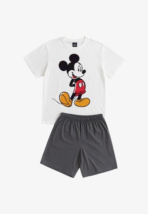 Weißes T-Shirt mit kurzen Ärmeln und Mickey-Maus-Grafik, kombiniert mit dunkelgrauen Shorts mit elastischem Bund, flach auf weißem Hintergrund präsentiert.