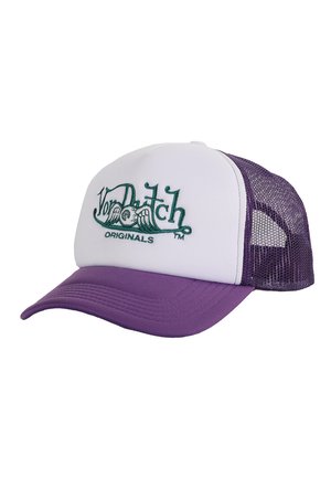 Weißes und lila Trucker-Cap mit Mesh-Rücken, mit grünem, gesticktem "Von Dutch Originals"-Logo und gebogenem Schirm.
