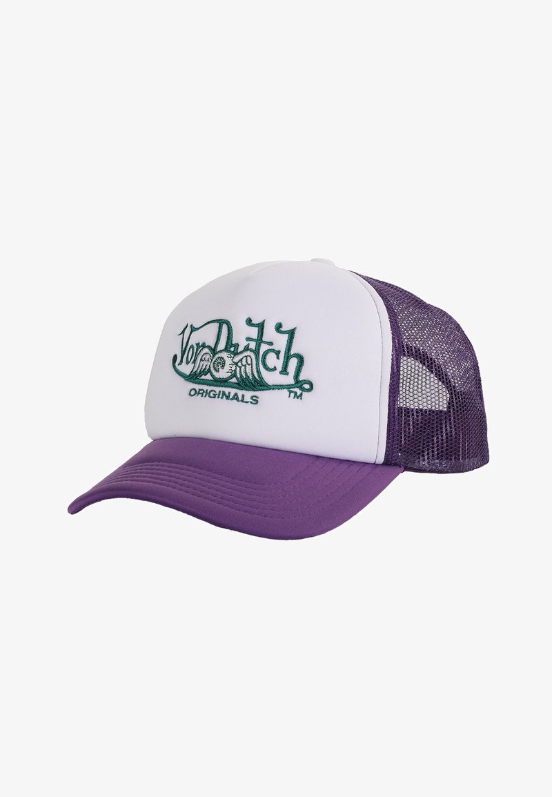 Bela in vijolična kapica s mrežnim zadnjim delom, ki ima zeleno vezeno logotip "Von Dutch Originals" in ukrivljen vizir.