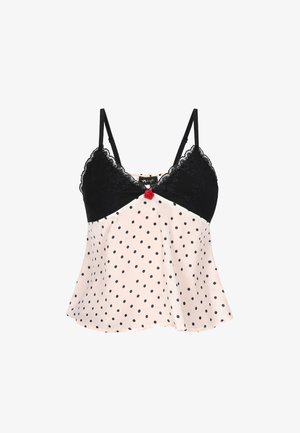 Camisole noire ornée de dentelle avec bretelles ajustables, tissu crème à pois noirs, et un petit détail de rose rouge au centre devant.