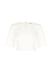 Top corto bianco con scollatura rotonda, maniche corte, dettaglio a chiave sul davanti e chiusura sul retro con hardware dorato. Tessuto dalla texture liscia.