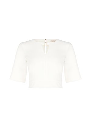 Top corto bianco con scollatura rotonda, maniche corte, dettaglio a chiave sul davanti e chiusura sul retro con hardware dorato. Tessuto dalla texture liscia.