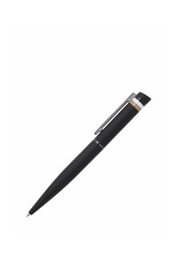 Stylo à bille rétractable noir avec clip argenté et trois anneaux colorés près du haut en noir, blanc et beige sur fond blanc.