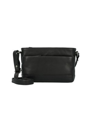 Borsa a tracolla nera in pelle con tracolla regolabile, design flat e texture liscia. Presenta una tasca frontale e dettaglio del logo del marchio.