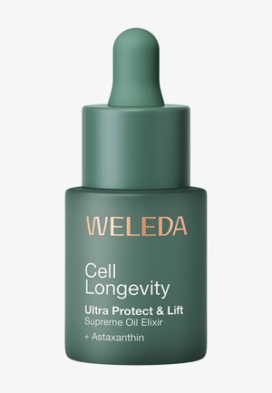 Dunkelgrüne Tropfflasche mit der Aufschrift "WELEDA Cell Longevity Ultra Protect & Lift Supreme Oil Elixir + Astaxanthin" vor weißem Hintergrund.