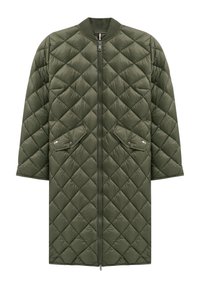 Grün gesteppte Pufferjacke mit Reißverschluss, geripptem Kragen und zwei Druckknopftaschen; verfügt über ein Diamantmuster und kurze Ärmel.