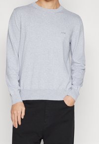 Ljusgrå tröja med långa ärmar och ribbad halslinning. Har en liten logotyp på bröstet. I kombination med svarta byxor.