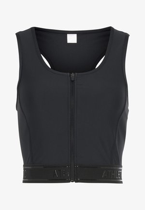 Black sports bra with a smooth fabric texture, featuring a front zipper, wide straps, and a sturdy elastic band with “ATHLETIC” logo.
