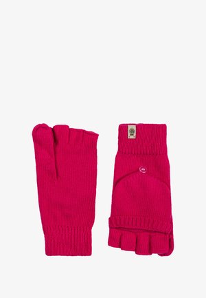 Fingerlose Handschuhe aus leuchtend pinkem Strickmaterial, mit gerippten Bündchen, einem Knopfdetail und freiliegenden Fingern für mehr Beweglichkeit.