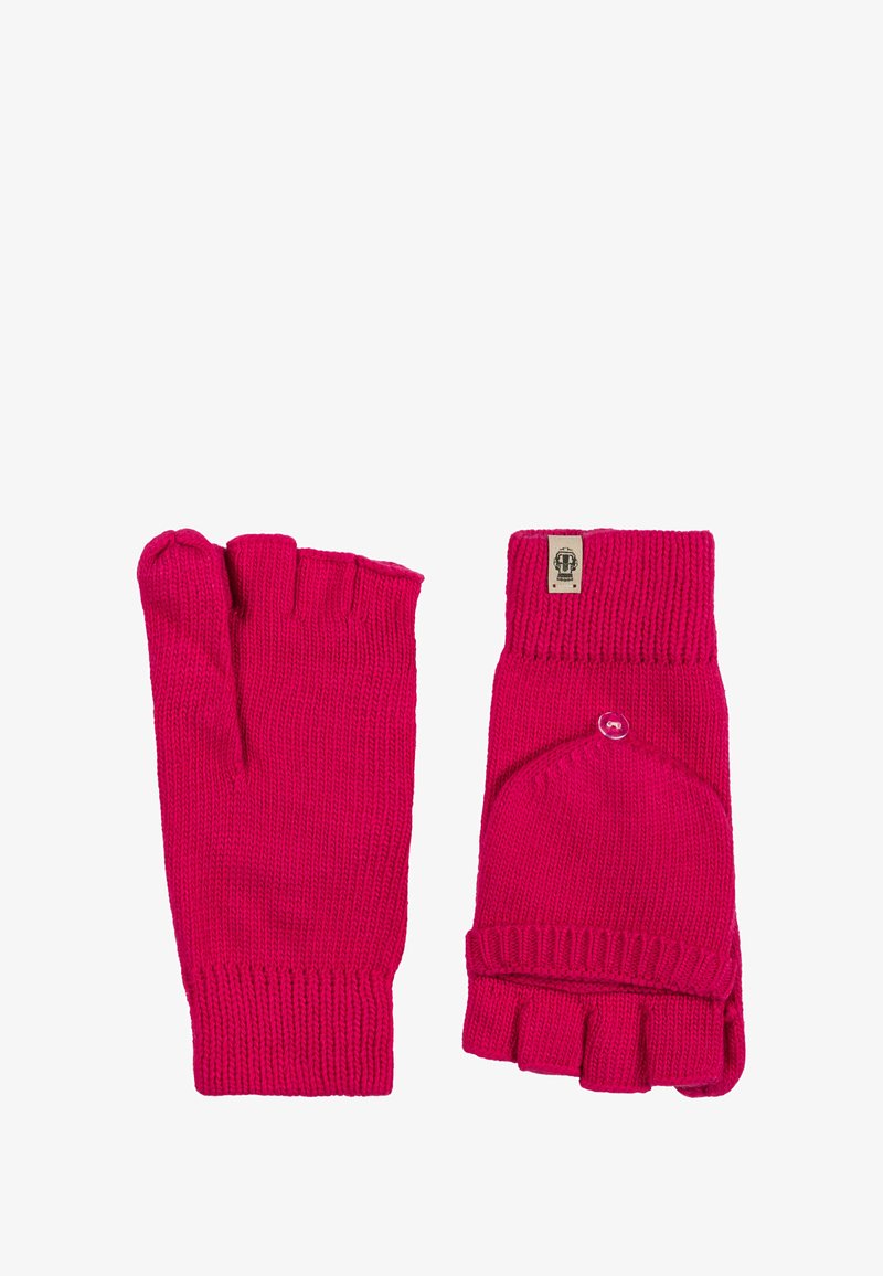Fingerless gloves made of bright pink knit material, featuring ribbed cuffs, a button detail, and exposed fingers for mobility.
