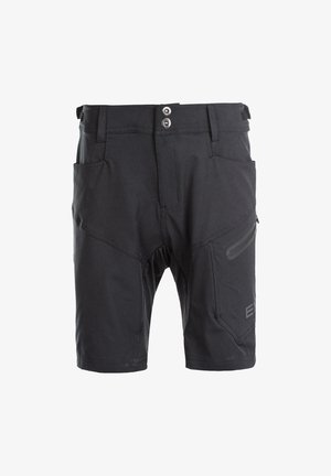 Svarta shorts gjorda av slitstark och lättviktig tyg med knappstängning, sidofickor, förstärkta sömmar och en ficka med dragkedja på benet.