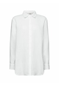 Chemise blanche à manches longues en tissu texturé, avec un devant à boutons, un col classique et un ourlet droit.