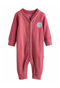 Gestreifter Baby-Body in Dunkelpink mit kontrastierendem cremefarbenem Saum, ausgestattet mit einer Vorderknopfleiste und einem runden blauen Patch auf der Brust.