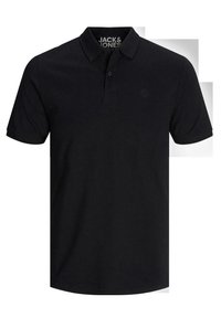 Polo noir avec un col classique, des manches courtes et un logo discret sur la poitrine, fabriqué en un tissu en coton mélangé doux.