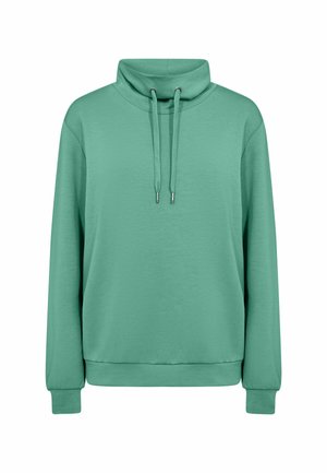 Žalias ilgomis rankovėmis džemperis su aukštu raištelių apykakle ir ribinėmis rankogaliais, pateiktas baltame fone.