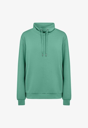 Zelena majica z dolgimi rokavi z visokim ovratnikom z vrvico in rebrastimi manšetami, prikazana na belem ozadju.