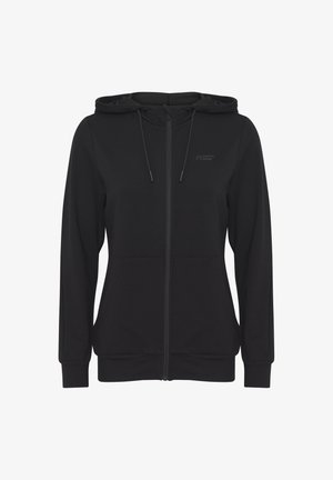 Schwarze Zip-Hoodie aus softem Stoff; verfügt über eine Kordelzugkapuze, Fronttaschen und ein dezentes Logo auf der linken Brust.