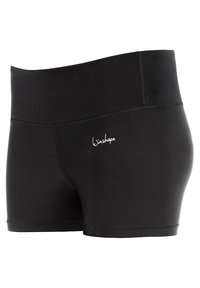 Zwarte shorts van gladde, rekbare stof, met een hoge tailleband en een klein wit logo "Winshape" aan de zijkant.