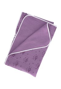 Purple muslin blanket with white trim, featuring printed designs of stars and playful characters. Soft texture, lightweight and breathable.