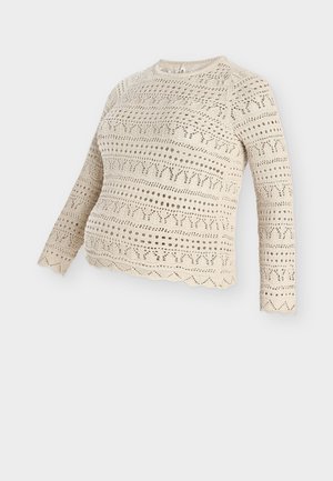 Bluza bej deschis cu mâneci lungi, cu modele complicate și deschise la împletitură și tiv ondulat. Textura țesăturii pare dantelată, cu elemente de design variate.