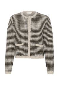 Cardigan lavorato a maglia in grigio chiaro e nero con un motivo testurizzato, chiusura frontale con bottoni e due tasche frontali. Lunghezza corta e maniche lunghe.