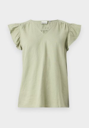 Lys grøn bluse med V-hals, korte flæser på ærmerne og løs pasform. Fremstillet af blødt stof med minimal tekstur.