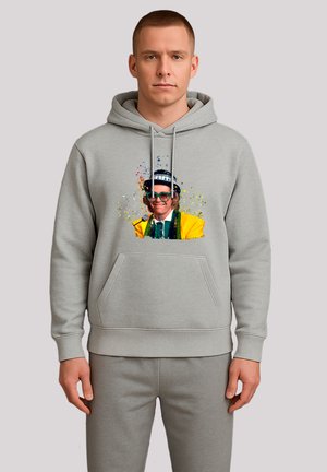 Grey hoodie with a front pocket, featuring a colorful printed graphic of a man in a yellow jacket and sunglasses. Soft texture, casual fit.
