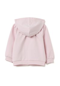 Felpa a cappuccio rosa chiaro con dettagli arricciati sul retro, polsini a costine e orlo inferiore, realizzata in tessuto morbido e confortevole.