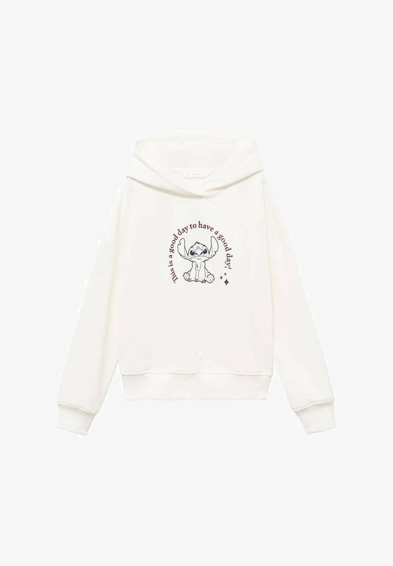 Bela kapuca z velikim grafičnim motivom, ki vključuje risanega junaka in besedilo, dolgi rokavi, kapuca z vrvico ter rebrasti manšeti in spodnji del.