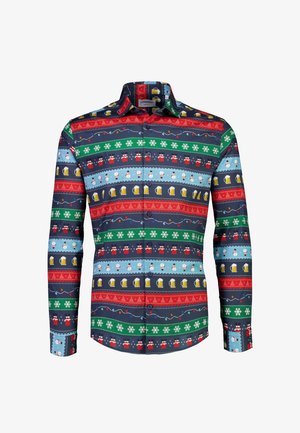 Camicetta a maniche corte con un motivo multicolore caratterizzato da strisce con motivi festivi, tra cui pupazzi di neve, boccali di birra e luci decorative.