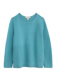 Pull à manches longues turquoise avec une texture côtelée, un col rond et des poignets et un ourlet côtelés. Coupe classique avec une finition lisse.