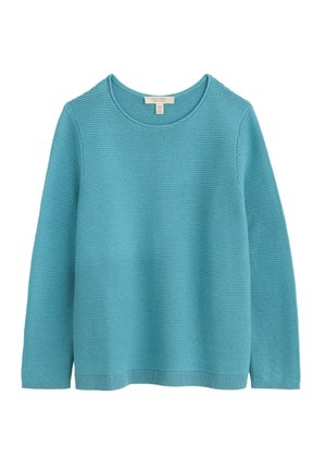 Turquoise long-sleeve sweater with a ribbed texture, round neckline, and ribbed cuffs and hem. Classic fit with a smooth finish.