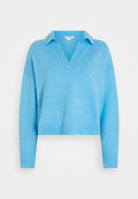 Hellblauer kurz geschnittener Pullover mit V-Ausschnitt und Kragen, aus weichem Stoff gefertigt. Verfügt über gerippte Bündchen und Saum für zusätzliche Struktur.