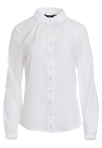 Biała koszula z długim rękawem, z kołnierzykiem, z plisowanym przodem i gładką teksturą. Zapięcie na guziki z przodu.