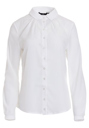 Biała koszula z długim rękawem, z kołnierzykiem, z plisowanym przodem i gładką teksturą. Zapięcie na guziki z przodu.