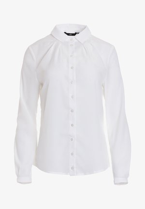 Biała koszula z długim rękawem, z kołnierzykiem, z plisowanym przodem i gładką teksturą. Zapięcie na guziki z przodu.