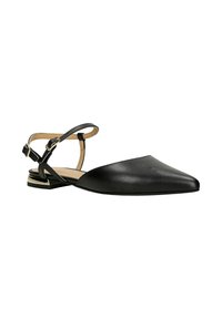 Czarne skórzane buty typu slingback, płaskie, z ostrym noskiem, cienkim paskiem wokół kostki oraz małym blokowym obcasem z złotym akcentem wzdłuż podstawy.