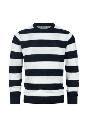 Maglione a maniche lunghe in maglia con ampie strisce orizzontali nere e bianche e polsini, scollo e orlo a coste.