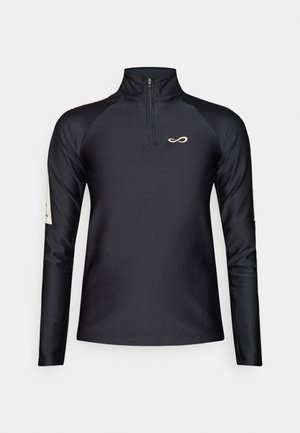 Schwarzes, strukturiertes Langarm-Sportoberteil mit einem Viertel-Reißverschluss, einem kleinen, dezenten Logo auf der Brust und leichten Patches an den Ärmeln.